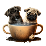 MehBoy_Steaming_cup_of_coffee_cartoon_two_pugs_No Background